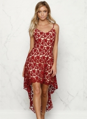 Floral Lace Trim Asymmetric Spaghetti Strap Sbort Party Cocktail Dress