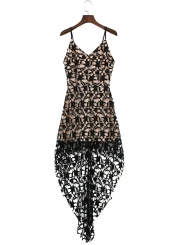 Floral Lace Trim Asymmetric Spaghetti Strap Sbort Party Cocktail Dress