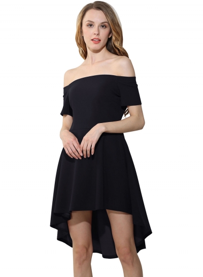 Elegant Short Sleeve Slash Neck Slim Pleated High Low Party Going Out Dress YOYOTSHOP.com