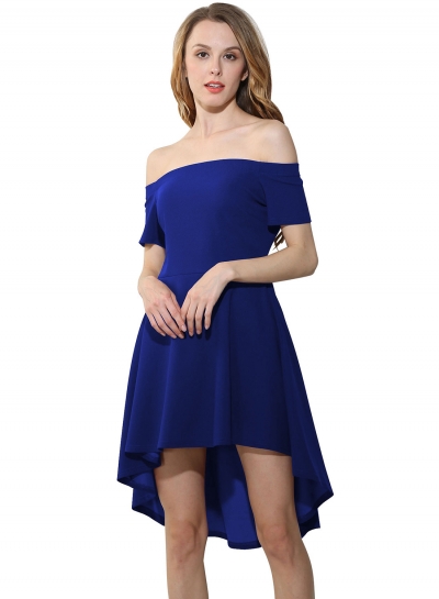 Elegant Short Sleeve Slash Neck Slim Pleated High Low Party Going Out Dress YOYOTSHOP.com