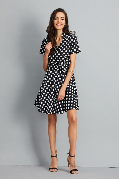 Women's Polka Dot Bow Waist Stand Collar A-Line Day Dress