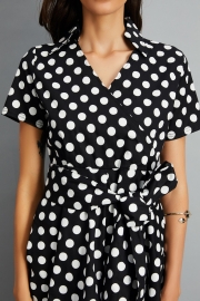 Women's Polka Dot Bow Waist Stand Collar A-Line Day Dress