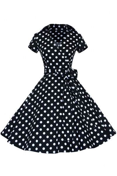 Women's Polka Dot Bow Waist Stand Collar A-Line Day Dress lonhooker.com