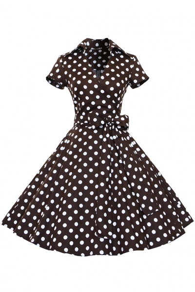 Women's Polka Dot Bow Waist Stand Collar A-Line Day Dress lonhooker.com