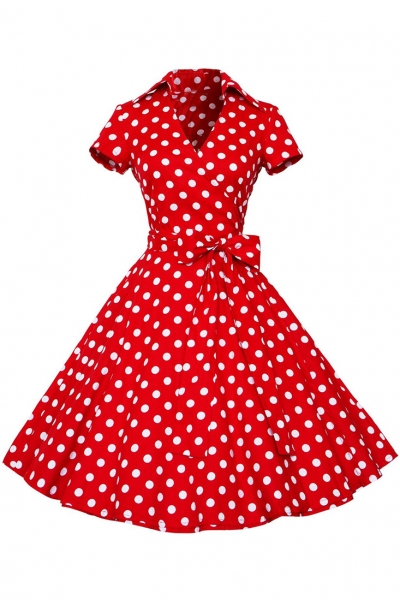 Women's Polka Dot Bow Waist Stand Collar A-Line Day Dress lonhooker.com