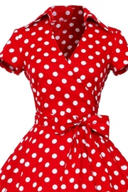 Women's Polka Dot Bow Waist Stand Collar A-Line Day Dress