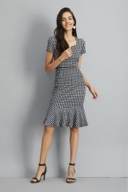 Houndstooth Sweetheart Neck Fishtail Bodycon Dress With Belt