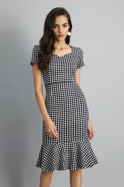 Houndstooth Sweetheart Neck Fishtail Bodycon Dress With Belt