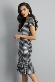 Houndstooth Sweetheart Neck Fishtail Bodycon Dress With Belt