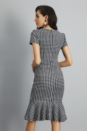 Houndstooth Sweetheart Neck Fishtail Bodycon Dress With Belt