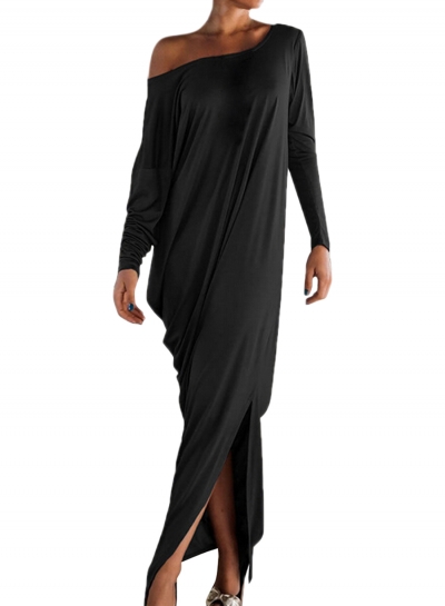 One Shoulder Ruffled Slit Maxi Dress zecalaba.com