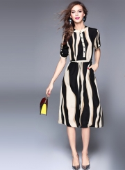 Stripped Print Slim Chiffon Midi Dress