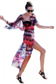 Buttons and Slit Front Open Tie-dye Print Chiffon Beachwear