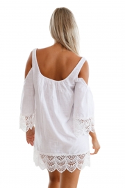 White Lacy Crochet Trim Crinkle Cold Shoulder Beachwear