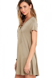 Khaki Casual Lace-up Swing Dress