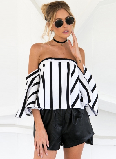 Women's Strapless Striped off Shoulder Flare Sleeve Blouse