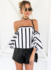 Women's Strapless Striped off Shoulder Flare Sleeve Blouse