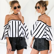 Women's Strapless Striped off Shoulder Flare Sleeve Blouse