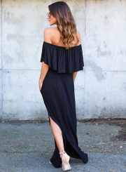 Women's Boho off Shoulder Short Sleeve Ruffle Solid Maxi Dress with Pockets