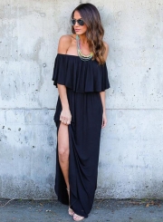 Women's Boho off Shoulder Short Sleeve Ruffle Solid Maxi Dress with Pockets