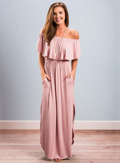 Women's Boho off Shoulder Short Sleeve Ruffle Solid Maxi Dress with Pockets YOYOTSHOP.com