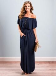 Women's Boho off Shoulder Short Sleeve Ruffle Solid Maxi Dress with Pockets