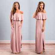 Women's Boho off Shoulder Short Sleeve Ruffle Solid Maxi Dress with Pockets