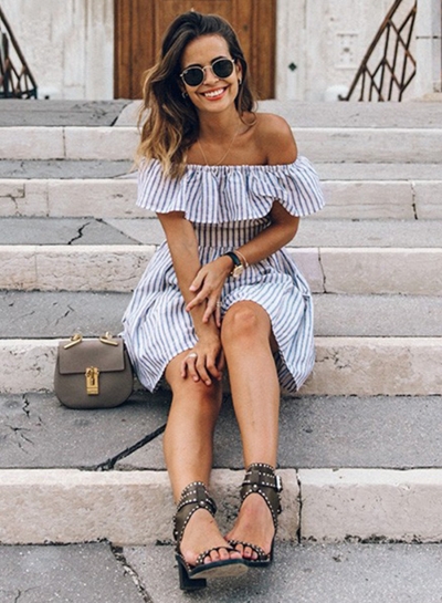 Women's Casual Striped off Shoulder Ruffle Short Sleeve Backless Dress