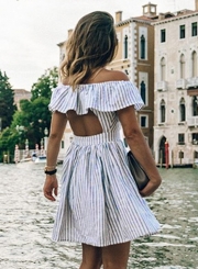 Women's Casual Striped off Shoulder Ruffle Short Sleeve Backless Dress