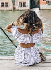 Women's Casual Striped off Shoulder Ruffle Short Sleeve Backless Dress