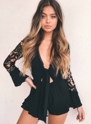 V Neck Lace Panel Tie Front Romper