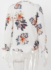 Floral V Neck Long Sleeve Chiffon Blouse