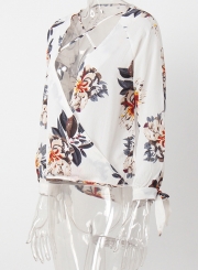 Floral V Neck Long Sleeve Chiffon Blouse