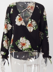 Floral V Neck Long Sleeve Chiffon Blouse