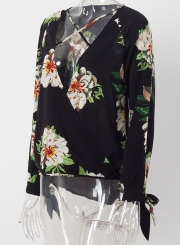 Floral V Neck Long Sleeve Chiffon Blouse