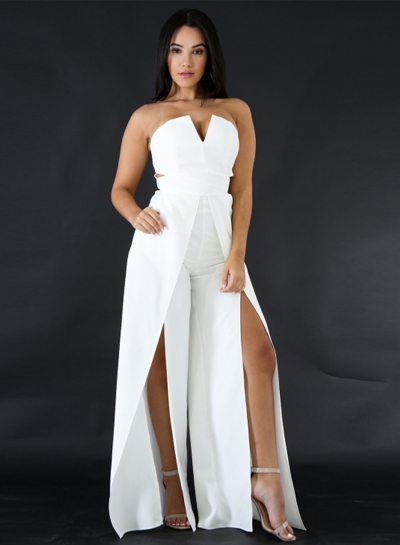 Women's Fashion Strapless High Slit Wide-leg Jumpsuit zecalaba.com