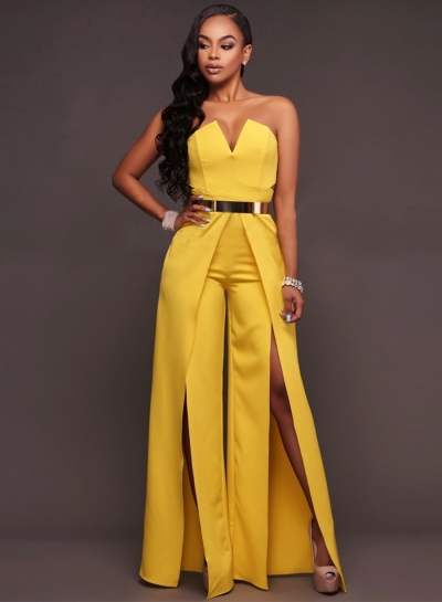 Women's Fashion Strapless High Slit Wide-leg Jumpsuit zecalaba.com