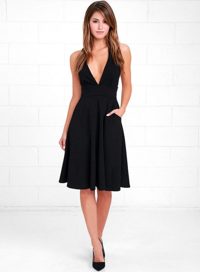 Women's Fashion A-Line Deep V Neck Pockets Sleeveless Dress YOYOTSHOP.com