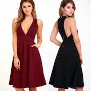 Women's Fashion A-Line Deep V Neck Pockets Sleeveless Dress