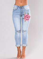 Women's Floral Embroidery High Waist Pants