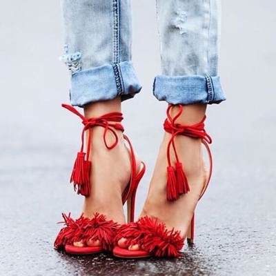 Women's Fashion Open Toe Ankle Lace up High Heels Sandals with Tassel