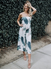 Strapless off Shoulder Leaf Print Jumpsuit