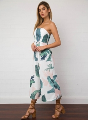 Strapless off Shoulder Leaf Print Jumpsuit