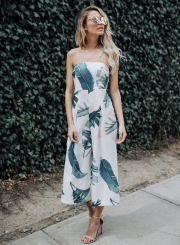 Strapless off Shoulder Leaf Print Jumpsuit