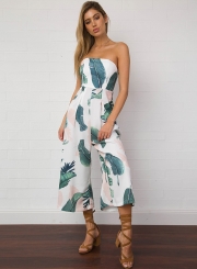 Strapless off Shoulder Leaf Print Jumpsuit