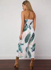 Strapless off Shoulder Leaf Print Jumpsuit