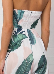 Strapless off Shoulder Leaf Print Jumpsuit