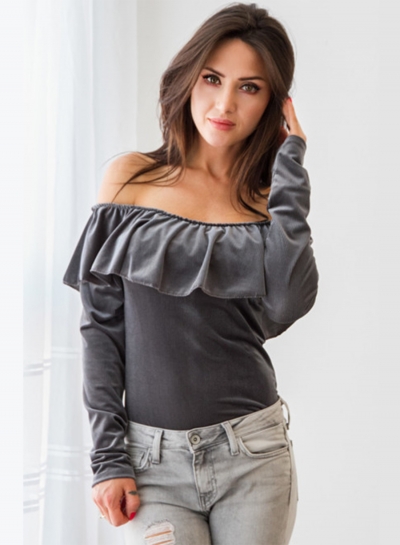 Women's Fashion off Shoulder Ruffle Long Sleeve Solid Blouse