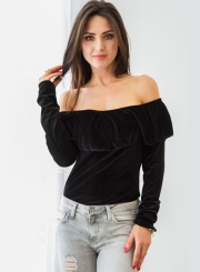 Women's Fashion off Shoulder Ruffle Long Sleeve Solid Blouse