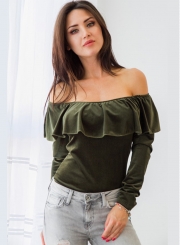 Women's Fashion off Shoulder Ruffle Long Sleeve Solid Blouse